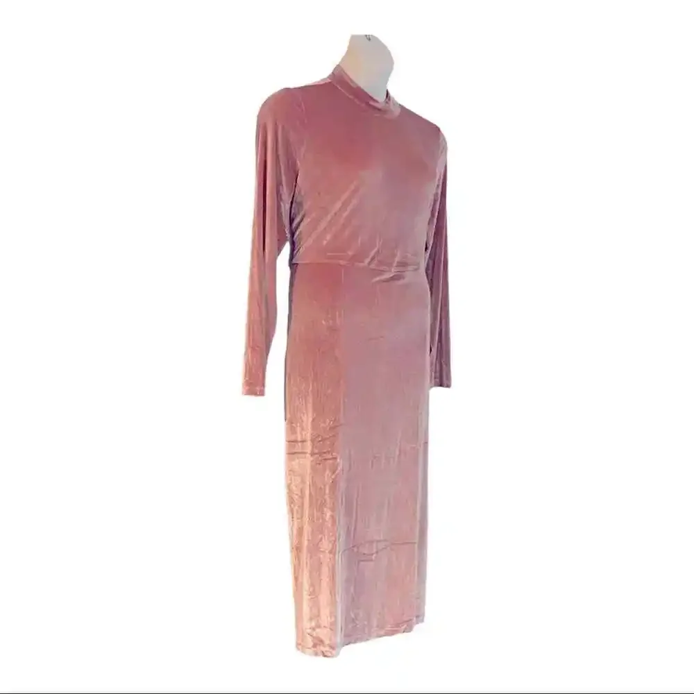 ASHRO Velour Stretchy Midi Blush Pink Dress Mock Neck Office Dinner Party Guest - Picture 5 of 10